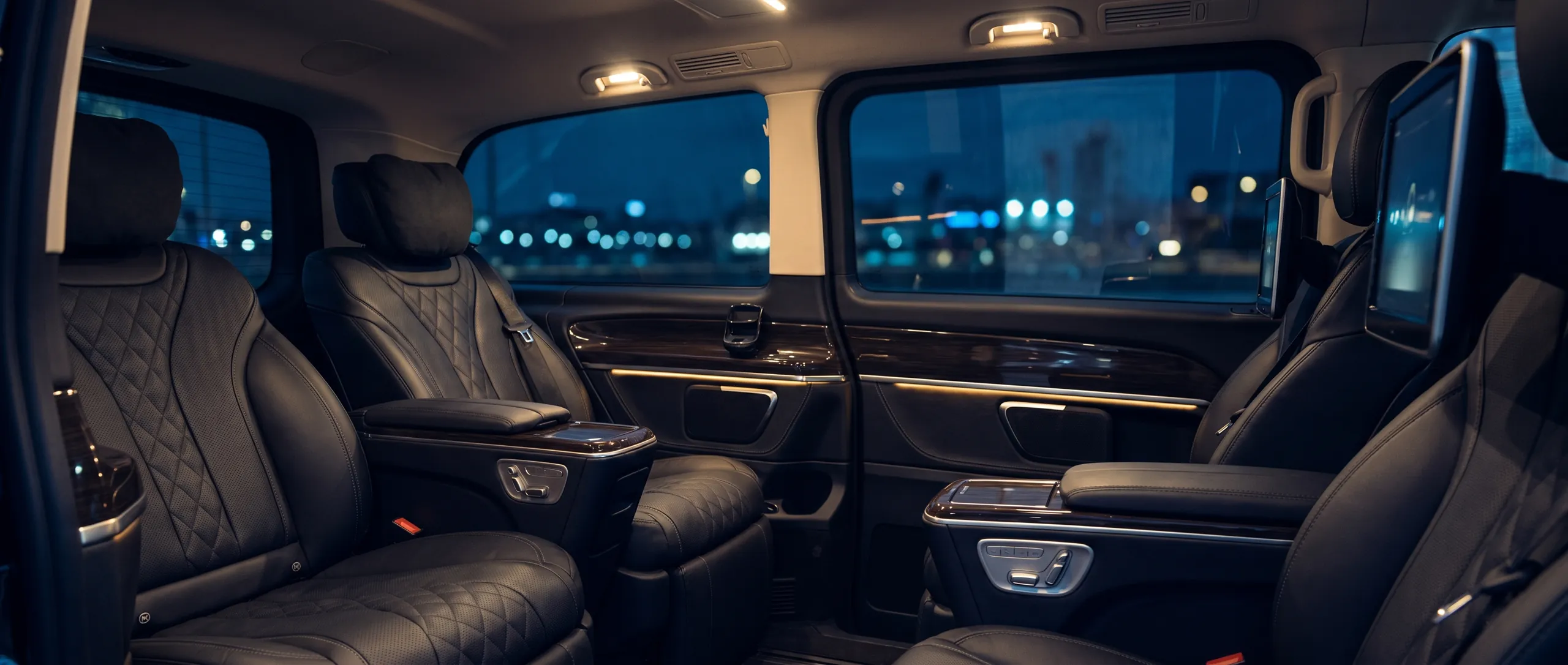 Luxury executive Mercedes V-Class chauffeur cabin interior at night