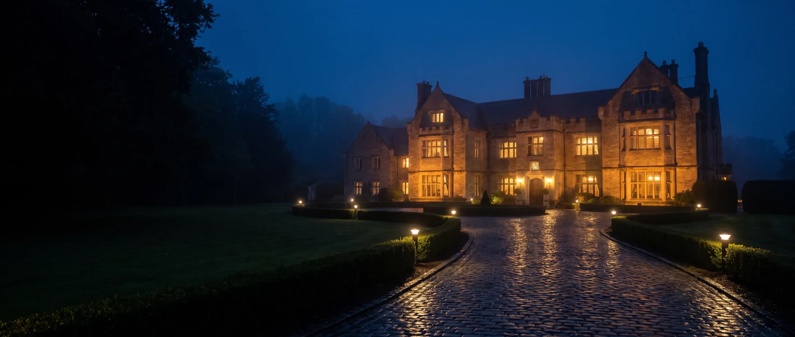 Grand country estate at blue hour with a lit driveway